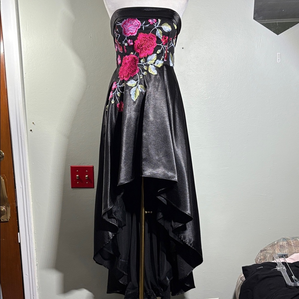 Social code Black satin Strapless corset high low Dress with Floral Embroidery 7